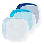 Re-Play Toddler Plates with Dividers - Deep-Walled 3 Compartments Divided Plates for Kids with 3 Lids - Dishwasher & Microwave Safe - Made in USA - Set of 3-7.37 x 7.37 x 1.25 - Bluesy