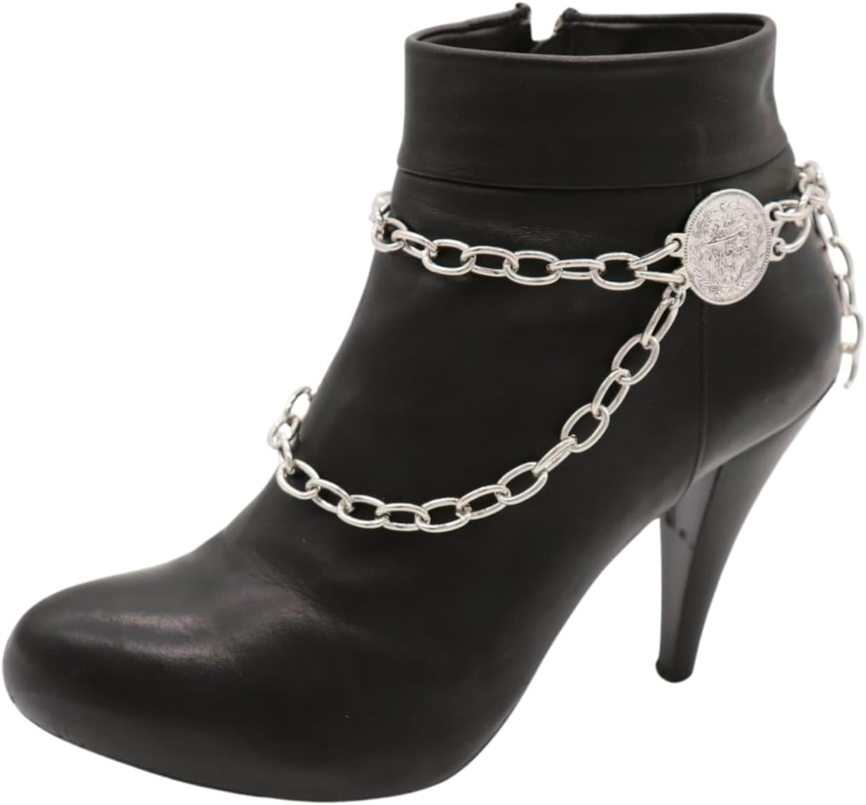 Trendy Fashion Jewelry Women's 2PCS Silver Boot Chains Adjustable Fit Double Sided Chain With Etched Boho Coin Charms, Pair For Both Boots/Shoe Anklet Set – BC37