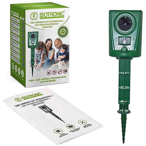 ISOTRONIC Deterrente per animali | Repellente a ultrasuoni | Dissuasore alimentato a batteria con picchetto da terra | Protezione contro uccelli, piccioni, gatti, cani e martore | Confezione da 1