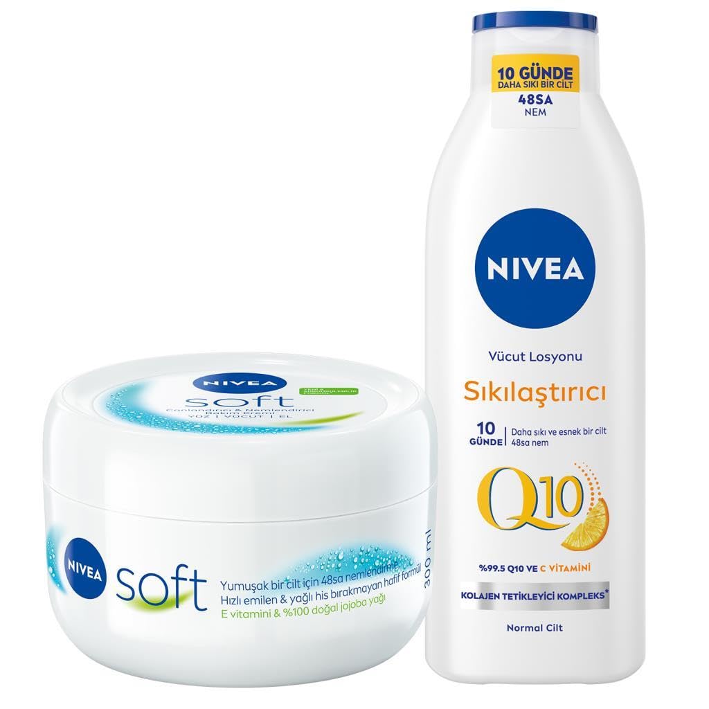 NIVEA Q10 Sıkılaştırıcı C Vitamini Vücut Bakım Losyonu 250ml ve Soft Nemlendirici Krem 300ml, Esnek Cilt