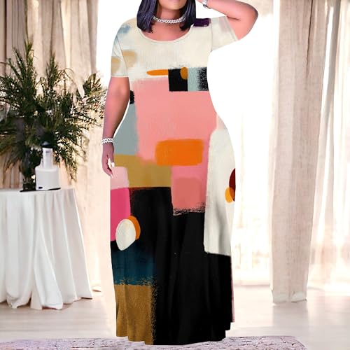 Image of PinkPatty Plus Size Dress for Women Casual Crew Neck Short Sleeve Maxi Dress Oversized Summer Beach Dresses with Pockets