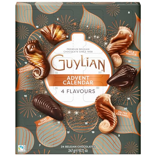 an advent calendar box of belgian chocolates in four flavors with doors numbered for december