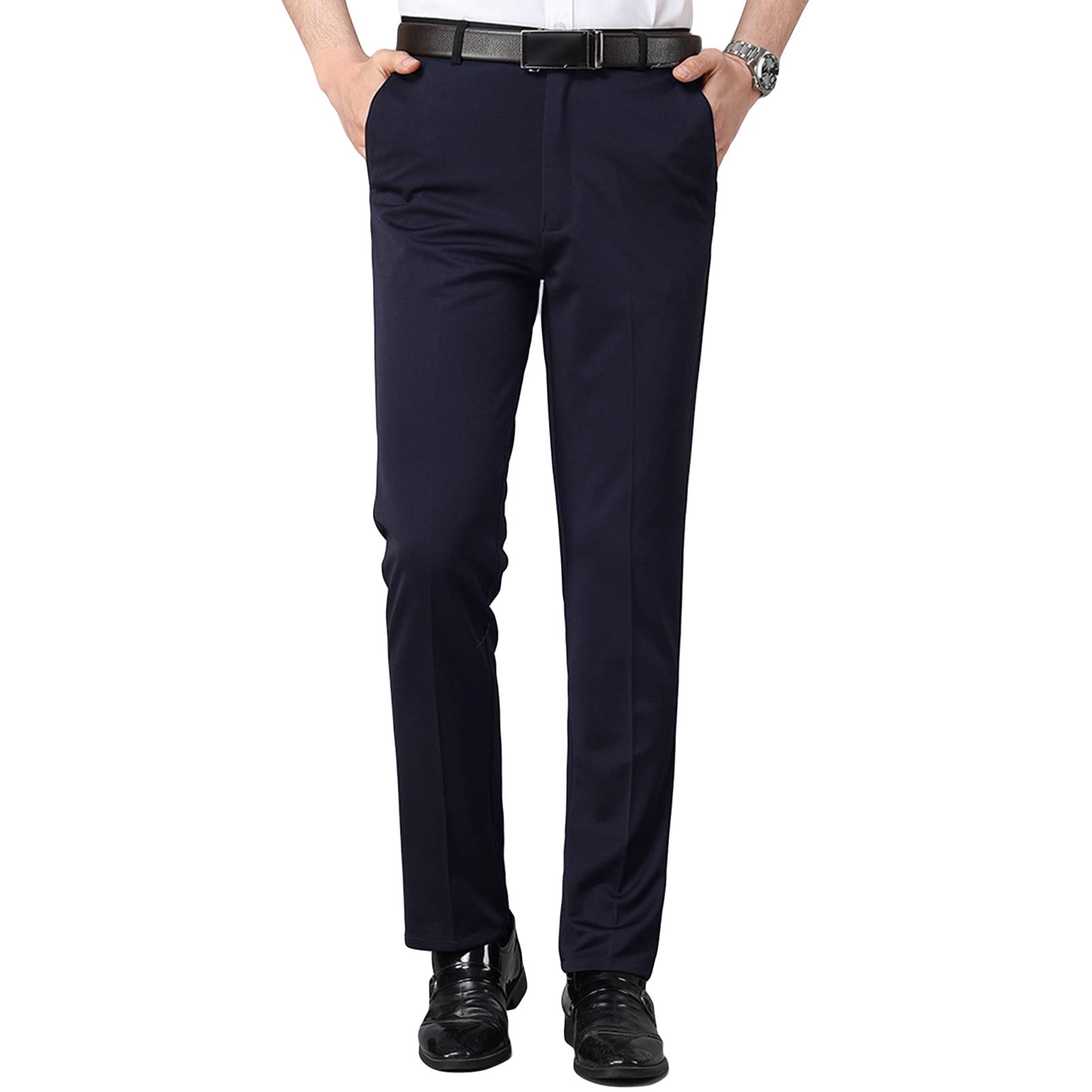 Mens Solid 4-Way Stretch Pant Straight Fit Flat Front Dress Pant Classic Fit Wrinkle-Resistant Slim Casual Pants