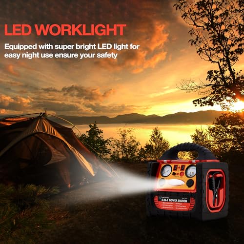 Tyrell Chenergy 1800 Amp Car Jump Starter with Air Compressor,Portable Power Station with 260 PSI Tire Inflator,400W Power Inverter Dual AC/DC Ports,2.1A USB Port,Battery Clamps