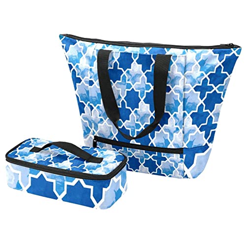 Sac fourre-tout et boîte à déjeuner bleu géométrique idéal pour pique-nique et voyage