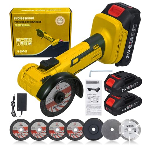 VISLONE Amoladora angular inalámbrica, mini amoladora angular sin escobillas, 19000 RPM,2 x 2000 mAh baterías con 7 muelas para decoración del hogar, ranurado de paneles de pared y corte de suelos.