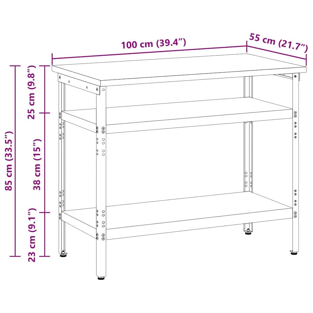 Mesa de trabajo gris 100 x 55 x 85 cm de acero con recubrimiento en polvo, banco de trabajo con 2 estantes metálicos, patas ajustables en altura, para taller, garaje, sótano y sala de ocio