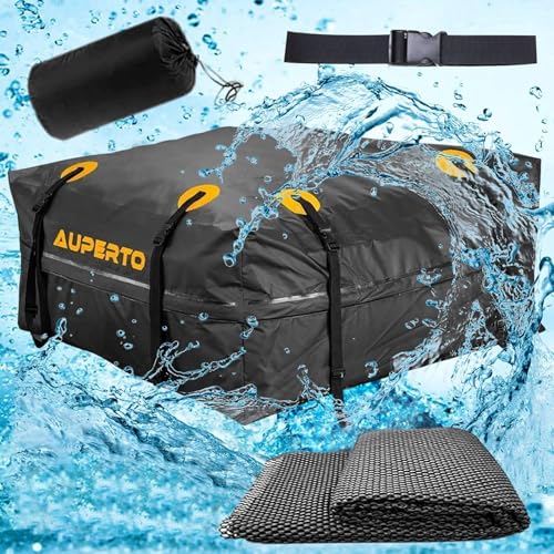AUPERTO Coffre De Toit Pliable 15 Pieds Cubes – 100% Étanchéité, Ultra Résistant, Idéal Voyages Famille & Aventure – Noir