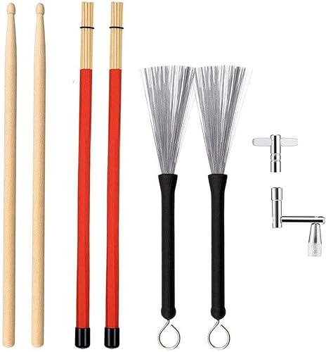Miniatura 1 de El juego de baquetas incluye 1 par de palos de tambor de madera de arce 5A, 1 par de cepillos de alambre de tambor, cepillo retráctil, 1 par de