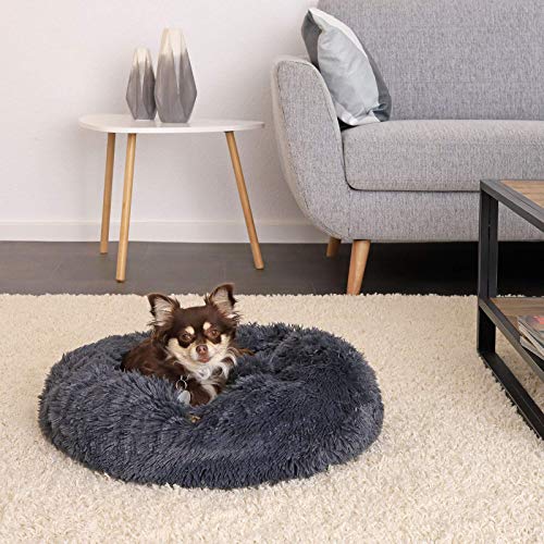 lionto Donutbett für Hunde und Katzen, Flauschiges Hundebett rund für kleine und große Heimtiere, Ø 50 cm, weiches Katzenbett aus kuscheligem Plüsch, Hundekissen mit extra Dicker Füllung, dunkelgrau
