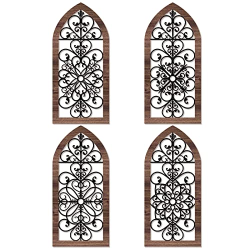 4 Pieces Thicken Rustic Wood Wall Decor Arch Modern Farmhouse Wall Art Decor Wooden Hollow Carved Design Rustic Home Art for Living Room Bedroom Office Kitchen (Classic Style)