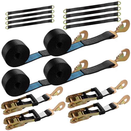 YAYODS 4 Pack Car Tie Down Straps for Trailers 2'' x10' Ratchet Strap with Snap Hooks, 10000 LBS Break Strength, Heavy Duty Trailer Strap 24'' and 36'' Axle Straps, for Car, Truck, UTV(Black)