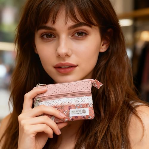 Image of Women Small Zipper Coin Purse, Handmade Fabric Flower Embroidered Change Pouch, Cotton Double Zipper Wallet
