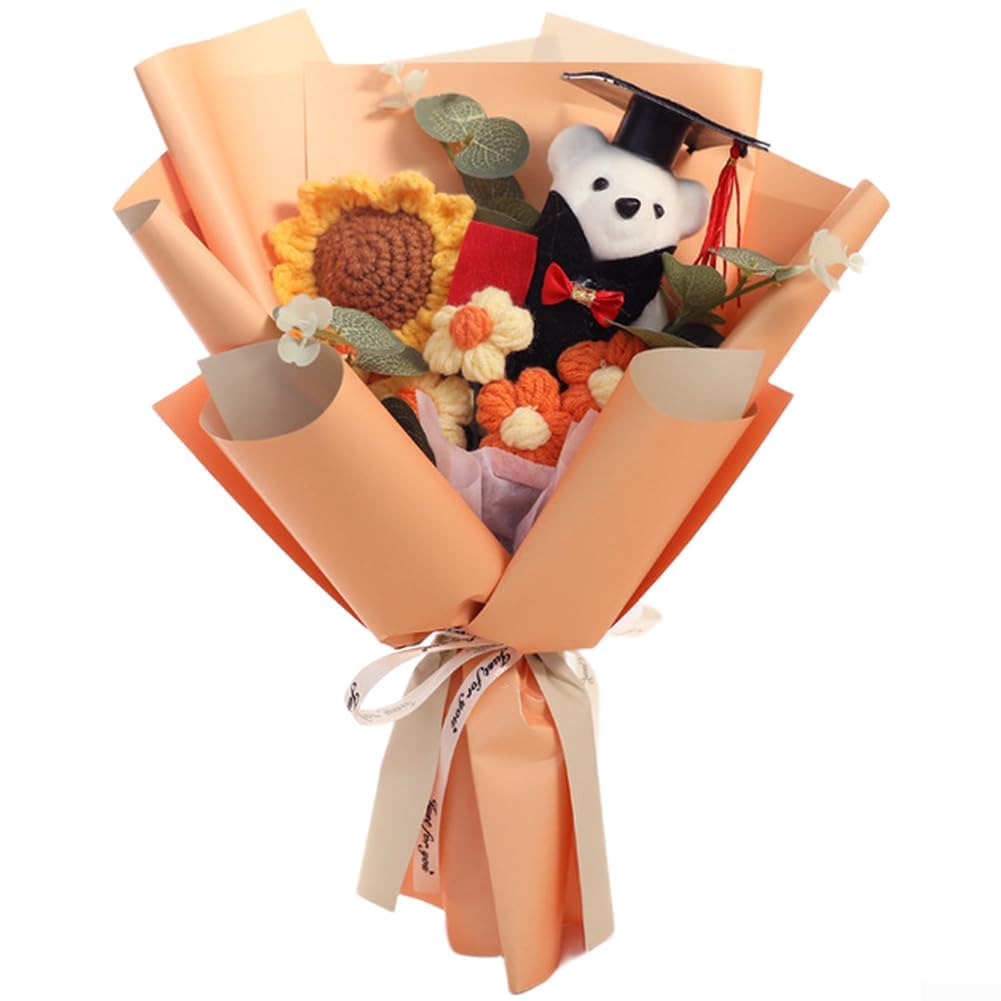 TVANTRUXIS Hand Woven Artificial Flowers, Sunflower Bouquet Multicolor Crochet Graduation Recognition Home Decor(Orange)