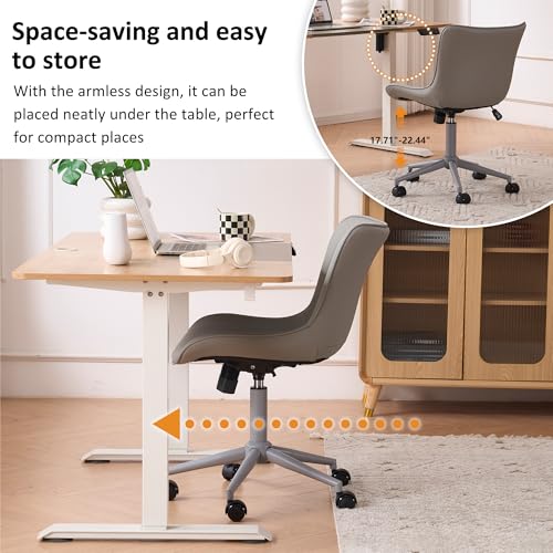 Image of YOUNIKE Office Desk Chair with Wheels Armless Vanity Chair Ergonomic Grey | Faux Leather Upholstered with Rocking Back, Swivel Height Adjustable, Modern Small Cute Task Chair For Sewing Drafting