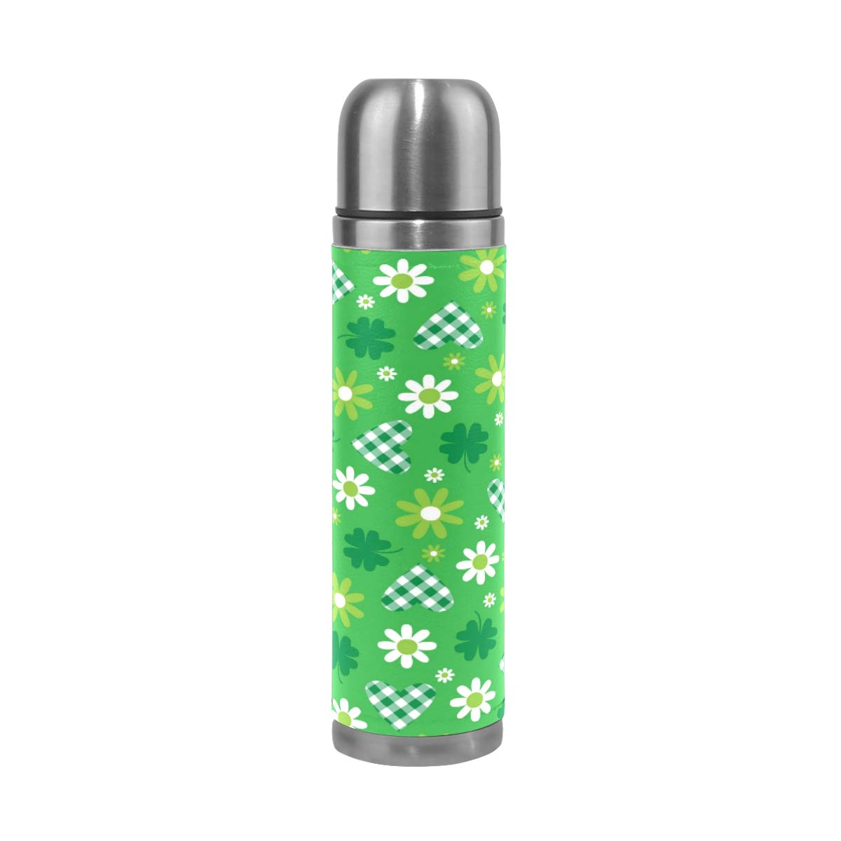 Taza de viaje de acero inoxidable con aislamiento al vacío, doble pared, a prueba de fugas, diseño de flores verdes y corazones, impresión personalizada en piel auténtica, 500 ml