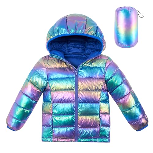 Lovekider Girls Puffer Jacket 6-7 Years Old Fashion Gradient Purple Blue Colorful Hologram Hooded Coat for Winter Cute Recreation Jacket with Pockets
