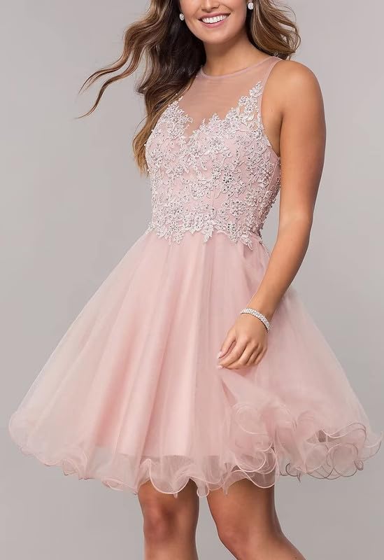 Short Tulle Prom Dress for Teens Lace Applique Homecoming Dresses Beading Evening Party Cocktail Gowns4