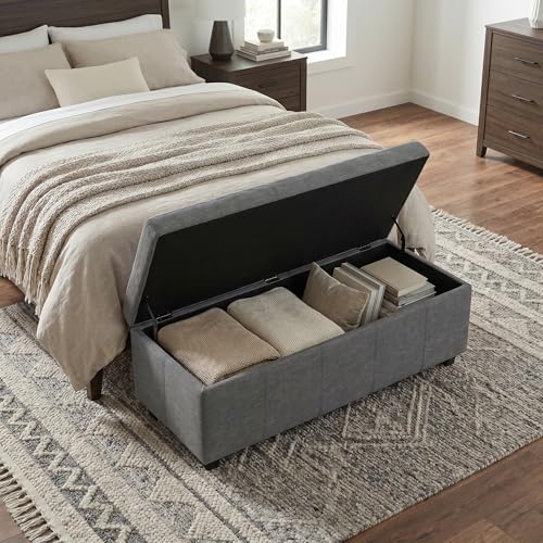 Image of SIMPLIHOME Avalon 48 inch Wide Linen Look Fabric Storage Ottoman in Slate Grey