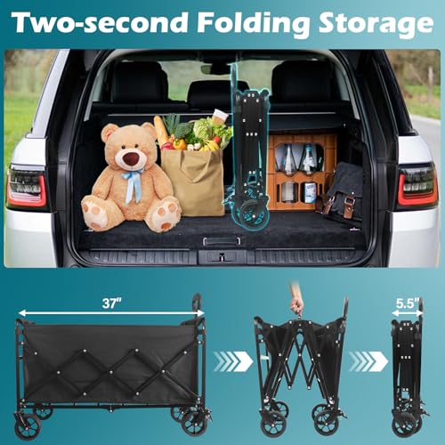 Image of Collapsible Wagon Cart with Wheels Foldable: 500LBS Heavy Duty Folding Utility Wagon - Portable All Terrain Grocery Wagon Cart for Groceries Shopping Outdoor Camping Sports (Black-500Lbs)