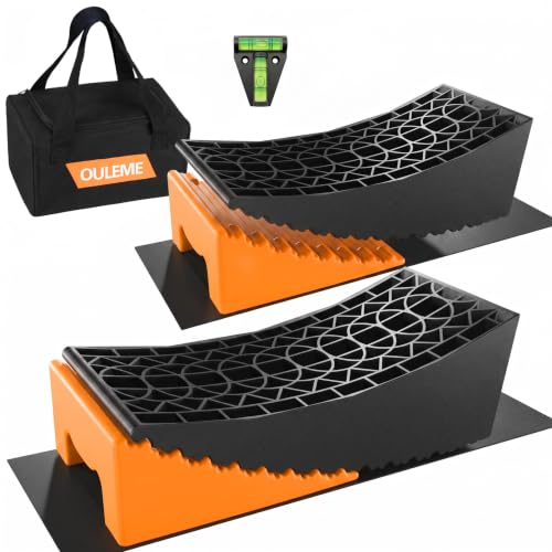 Image of OULEME RV Leveling Blocks, Camper Leveler System 2 Packs for Dual Axle Tandem Wheel Travel Trailer, Include 2 Curved Leveler Ramp, 2 Chock, 2 Rubber Mat, 1 T Bubble Level, 1 Carry Bag, Orange