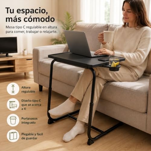 Mesa plegable sofá regulable con borde elevado para evitar caídas y diseño tipo C 4