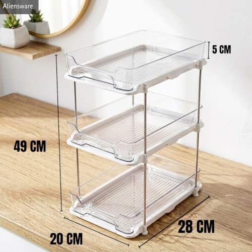 Image of Aliensware 3 Tier Cosmetics Drawer Organizer, Vanity Countertop Storage Container, Sink Organiser, Bathroom Medicine Cabinets, Plastic Drawers for Lipsticks, Nail Polishes,Dressing Table,Perfume-Clear