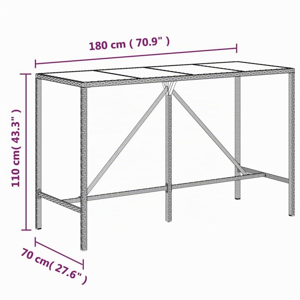 vidaXL Mesa Alta Bar con Superficie Vidrio ratán PE Gris 180x70x110 cm, Mesa de Fiesta, Mesa de Pub, Mesa de Barra de Desayuno, Mesa Bistro