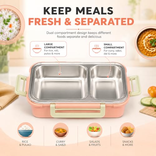 Image of Premium 2 Compartment Stainless Steel Lunch Box with Airtight Leakproof Lid | Durable Food Storage Bento Box with Secure Lock Clips (Pink Color)