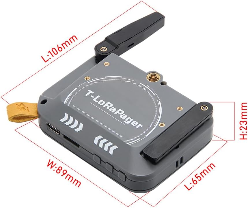 Dimensions of the LILYGO T-Lora Pager showing length, width, and height.