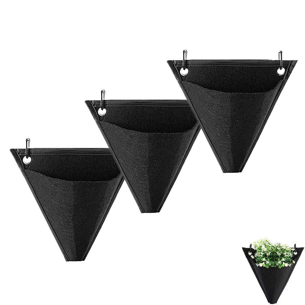 3 Pieces Vertical Grow Bags, Hanging Planting Vertical Pot, Felt Pockets Plants, Triangle Design, with Hook, for Outdoor, Indoor, Garden, Home, Decoration, Patio (Black)