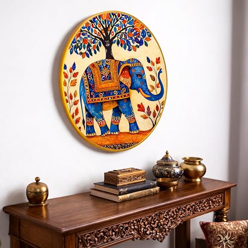 Image of Decorative Elephant Round Framed Wall Art Painting For Living Room | Traditional Floral Vastu Elephant Wall Art Painting with Frame for Home, Bedroom & Office, 16 Inch
