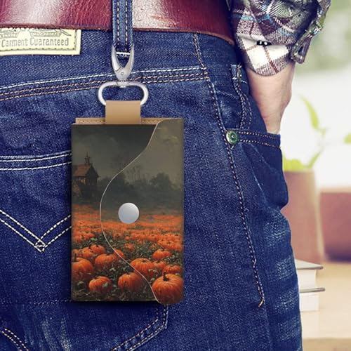 Halloween Pumpkins Field Spooky Houses Key Holder Bag PU Leather ID Card Holder Keychains Case Cover for Men Women4