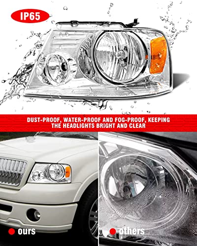 Headlight Assembly for 2004-2008 Ford F150 Pickup 2006-2008 Lincoln Mark LT Clear Lens Chrome Housing Amber Reflector Replacement W/O Bulbs - Image 6