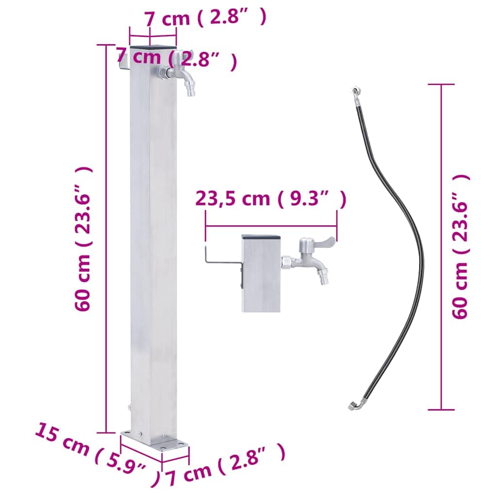 Wassersäule Garten 60 cm Edelstahl quadratisch mit Wasserhahn und Schlauch, bewässerungssystem für Beet, Balkon, Terrasse, gartenschlauch kompatibel, wassersparend