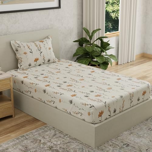 Image of HUESLAND by Ahmedabad Cotton 144 TC Bedsheet for Single Bed with 1 Pillow Cover | White & Tangerine Orange