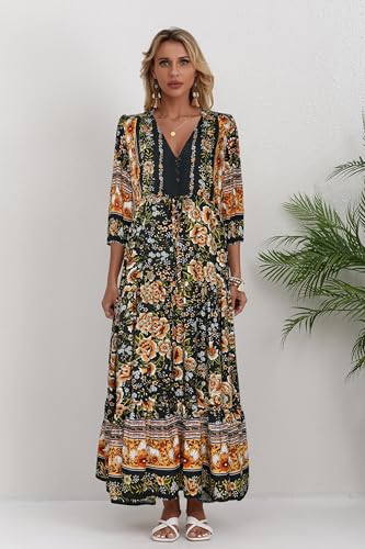 Image of Women Short Sleeve V Neck Floral Print Casual Bohemian Maxi Dresses