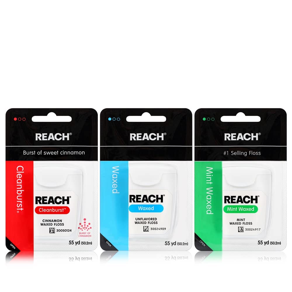 Reach Waxed Dental Floss Variety 3 Flavor Pack Effective Plaque Removal Extra Wide Cleaning Surface Shred Resistance Slides