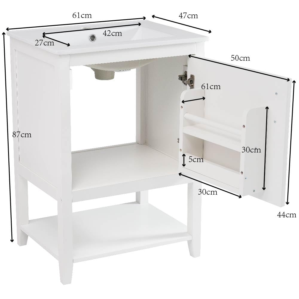 Lexiou Mueble de baño individual para lavabo de 60 cm con lavabo de cerámica, con estante (blanco)