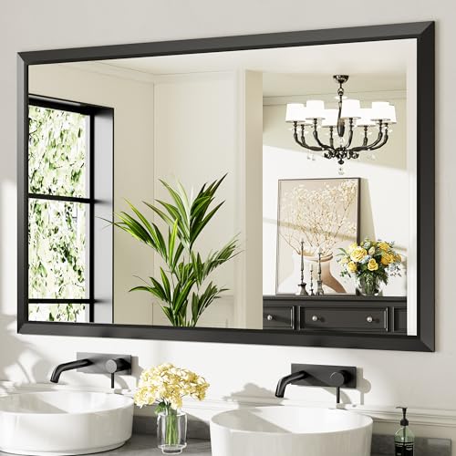 Briivue 60x40 Inch Black Bathroom Mirror for Wall, Thick Metal Framed Rectangle Mirrors for Over Sink, Bedroom, Living Room, Entryway, Anti-Rust, HD Tempered Glass