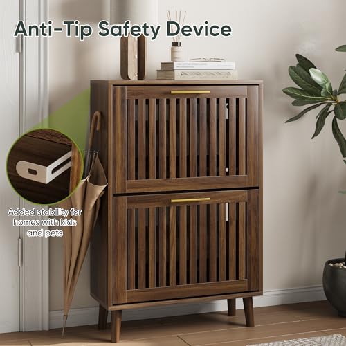 Shoe Cabinet with 2 Flip Slatted Drawers, Freestanding Shoe Storage Cabinet with Gold Handle, Hidden Entryway Shoe Rack Organizer for Hallway, Walnut Home Deco, 23.62" W by Smart FENDEE - Image 4