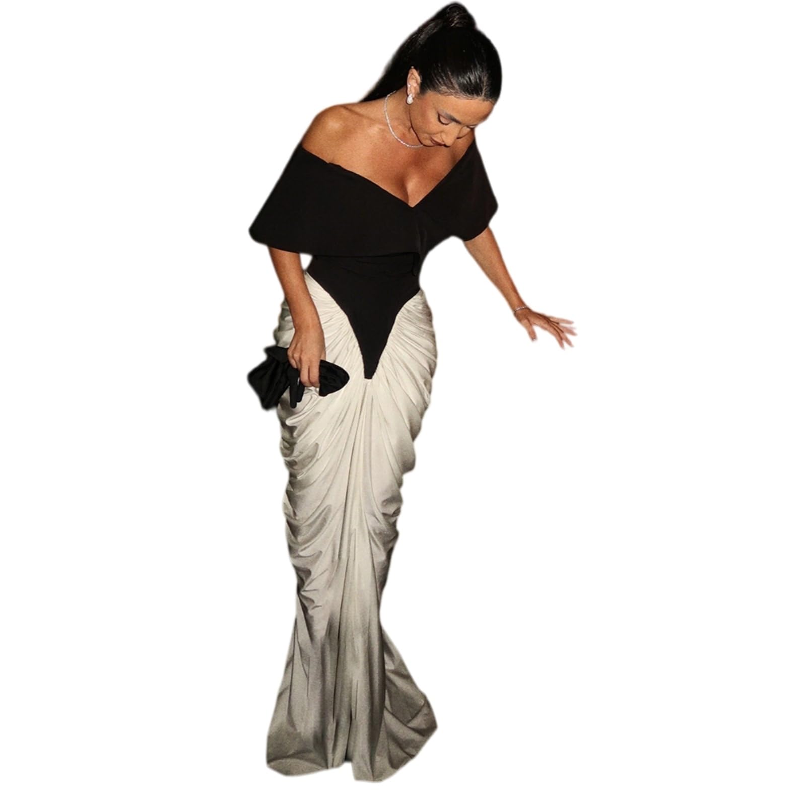 Vestito Donna Elegante Fuori Spalla Maxi Abito Contrasto Patchwork Ruched da Sera Senza Schienale per Party Wear-White-l