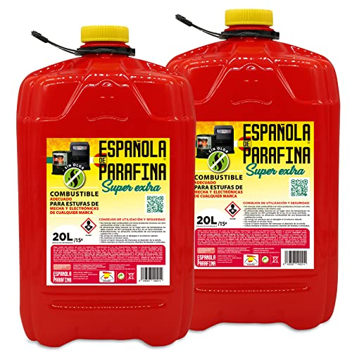 Española de Parafina SUPER EXTRA Parafina para Estufas sin Olor Líquida 2 x Bidón 20 Litros, Queroseno para Estufas Portátiles de Mecha y Electrónicas, Combustible para Casa e Interior Cover