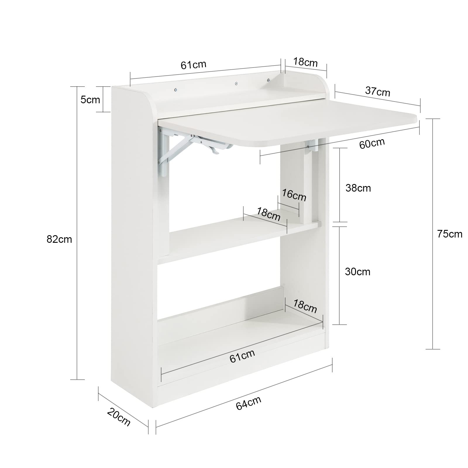 SoBuy Schreibtisch Klappbar mit 3 Ablagen Platzsparend 64x82x58cm Büro | Kleiner Schreibtisch mit Regal, Klapptisch mit 3 Ablagen für Platzsparendes Arbeiten, Wandtisch Weiß, FWT92-W