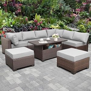 9 Pieces Wicker Patio Furniture Set Outdoor PE Rattan Sectional Conversation Sofa Set with Grey Cushions and Storage Table