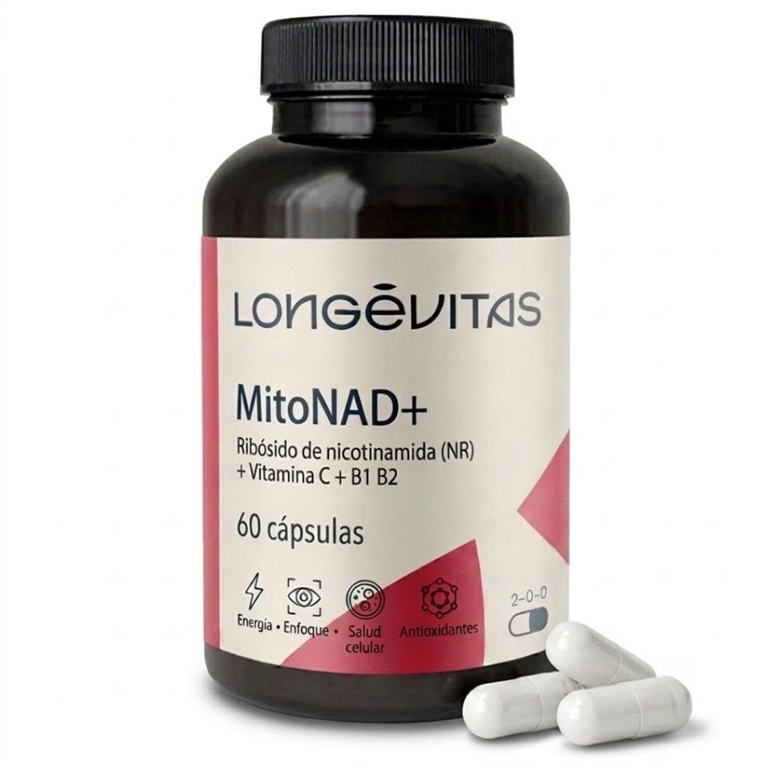 Longévitas MitoNAD+, Nicotinamida Ribósido NAD Booster, 1 Mes (60 Cápsulas) | Con Vitamina C y B1 B2, Comité Científico Dr. Aguilera, Soporte Mitocondrial, Fabricado en España, ISO9001
