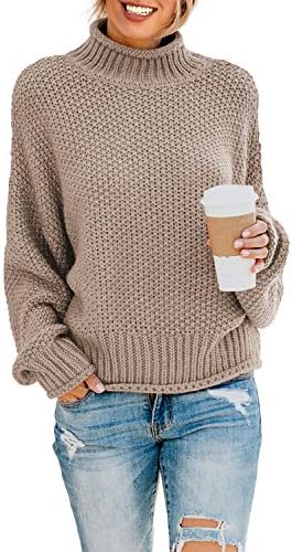Dokotoo Womens High Neck Sweaters Batwing Ribbed Long Sleeve Winter Solid Fashion Casual Loose Oversized Chunky Knit Pullovers Sweaters Jumper Tops Khaki Medium