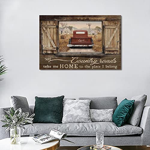 remzoke Farmhouse Wall Art Rustic Truck Pictures Wall Decor Country Old Barn Landscape Canvas Painting Prints Country Roads Take Me Home Modern Artwork Home Decor for Bedroom Living Room 24''x16'' - Image 3