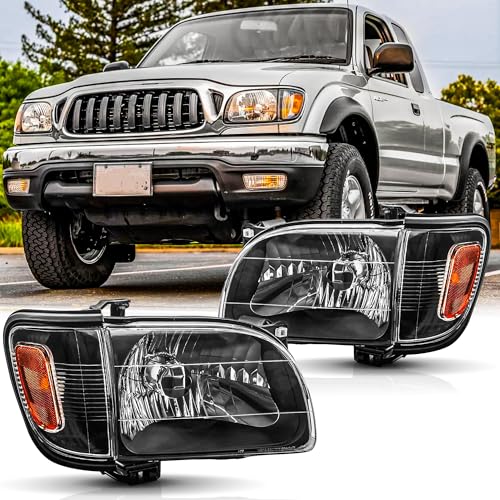 SAFAUTOPARTS Headlights Assembly for 2001 2002 2003 2004 Toyota Tacoma Head Lamps Replacement with Corner Parking Turn Signal Lights Assembly Black Housing Amber Reflector
