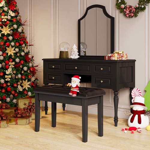 LIFERUN Black Wooden Duet Piano Bench with Storage, Padded Faux Leather Cushion Seat Piano Stool, Storage Compartment for Music Books, 29.5 x 13.8 x 19.3 Inches